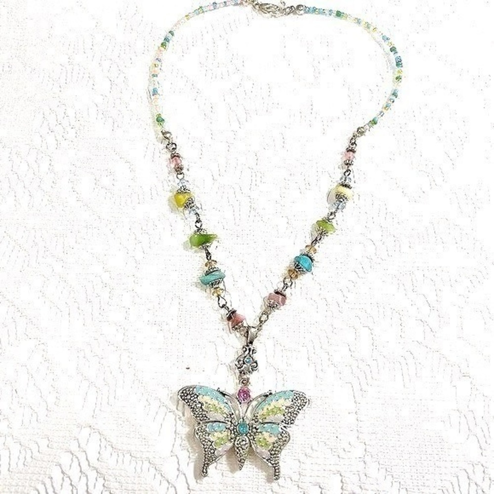 Butterfly Necklace Silvertone Multicolor Pastel Enamel Rhinestone Accent Jewelry